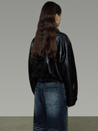 unspoken Commuter Loose Cropped Colorblock Patchwork Lapel Zipper Leather Jackets