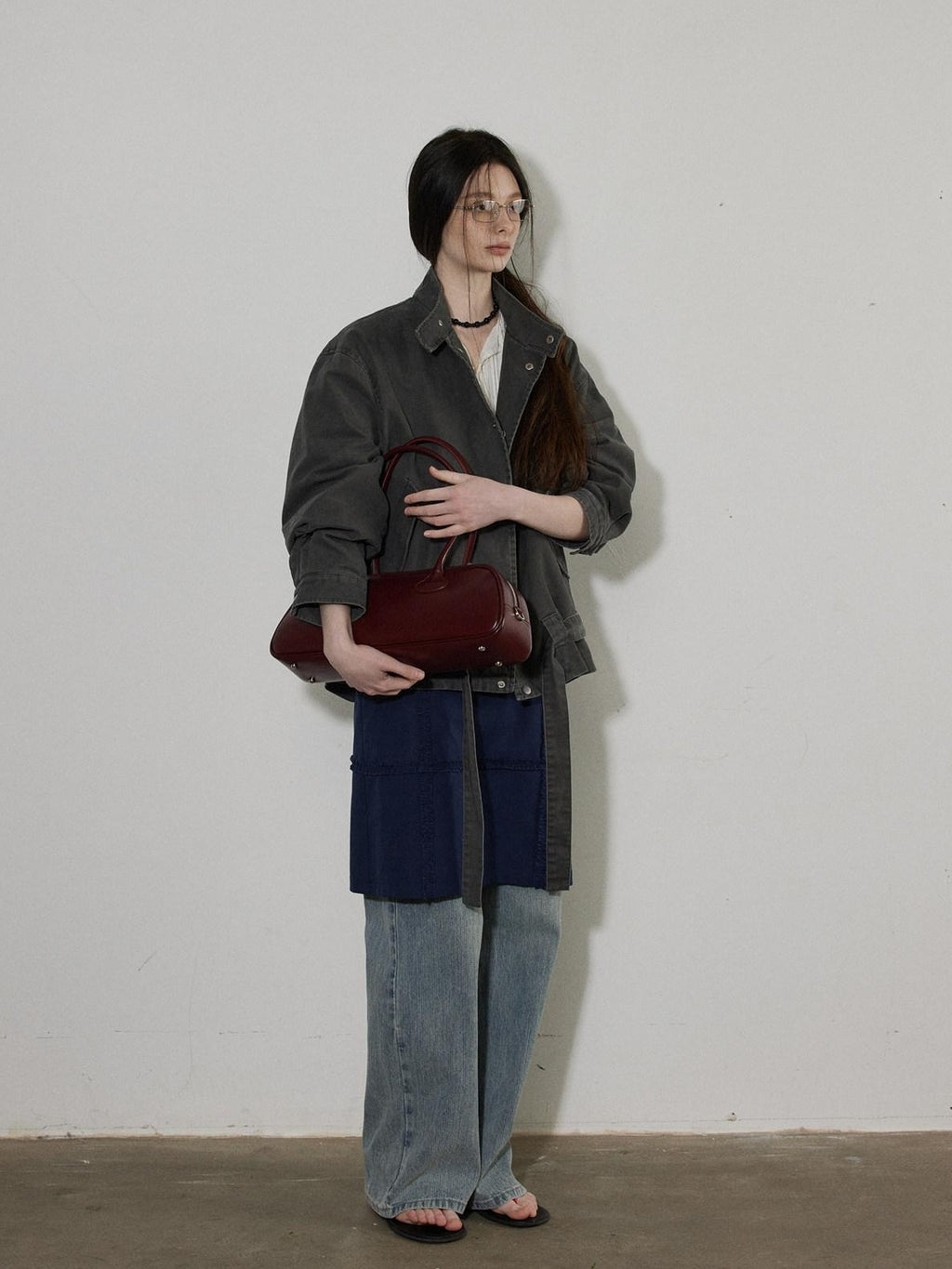 Lofi choose Breathable Drawstring Oversized Commuter Women Button Mud Gray Denim Jackets