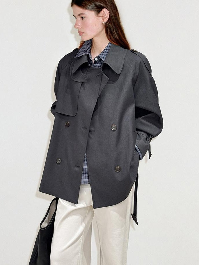 fano Double Breasted Button Front Minimal Commuter Straight Women Khaki Short Coat