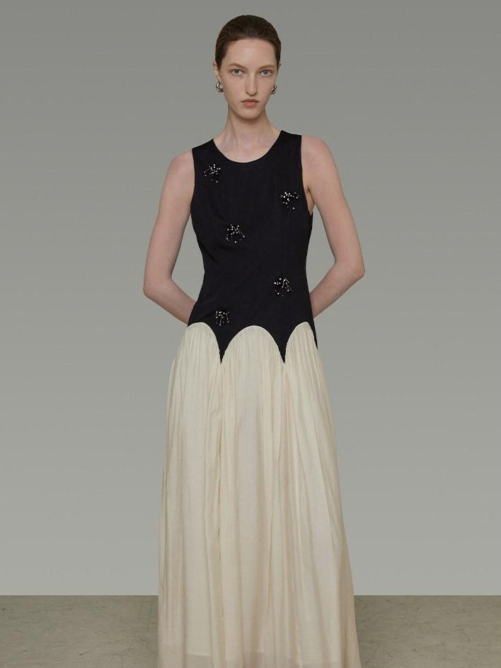 unspoken Elegant Beaded High Waist A Line Sleeveless Office Polyester Maxi Dresses
