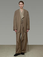 unspoken Minimal Slim Tailored Blazer High Waist Long Pants Women Brown Top & Pants Sets
