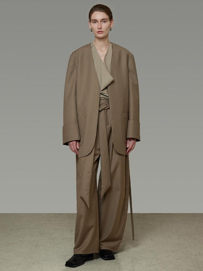 unspoken Minimal Slim Tailored Blazer High Waist Long Pants Women Brown Top & Pants Sets