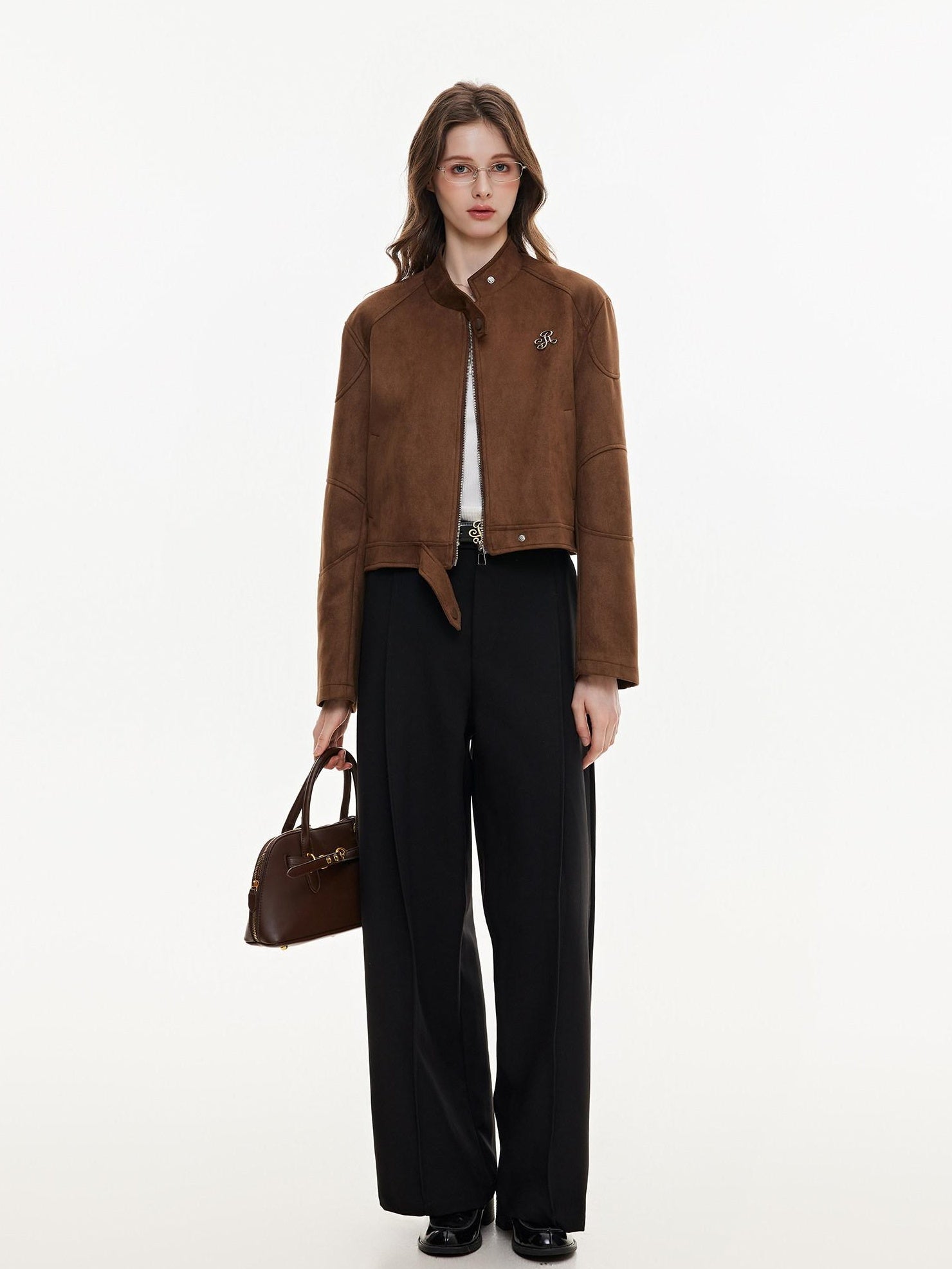 ikyou Resilient Vintage Slim 3D Women Stand Collar Zip Brown Cropped Jackets