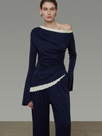 unspoken Navy Tencel Slim Fit Knit Round Neck High Waist Casual Women Top & Skirt Sets