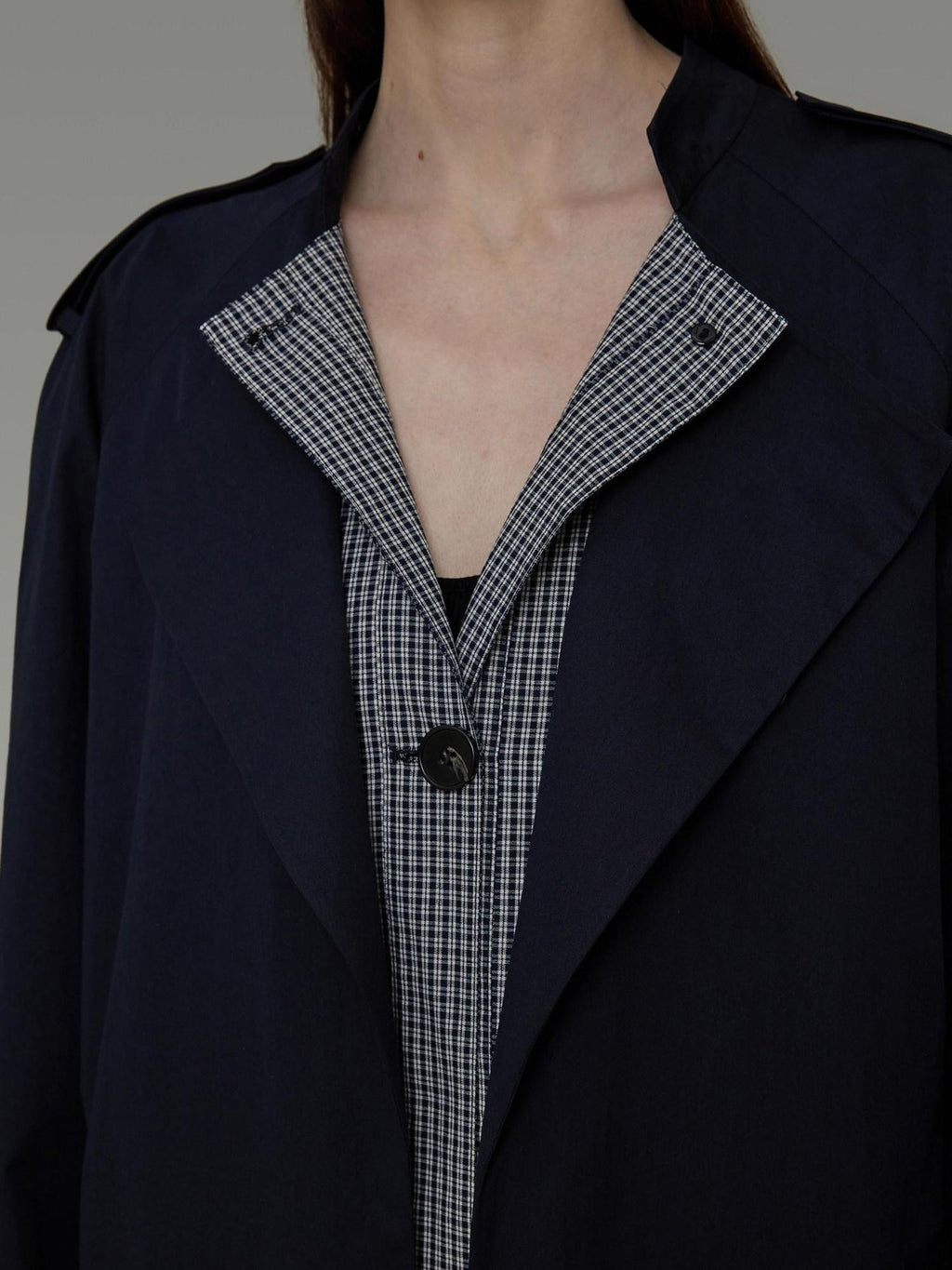 unspoken Minimal Navy Plaid Single Breasted Midlength Relaxed Women Trench Coats