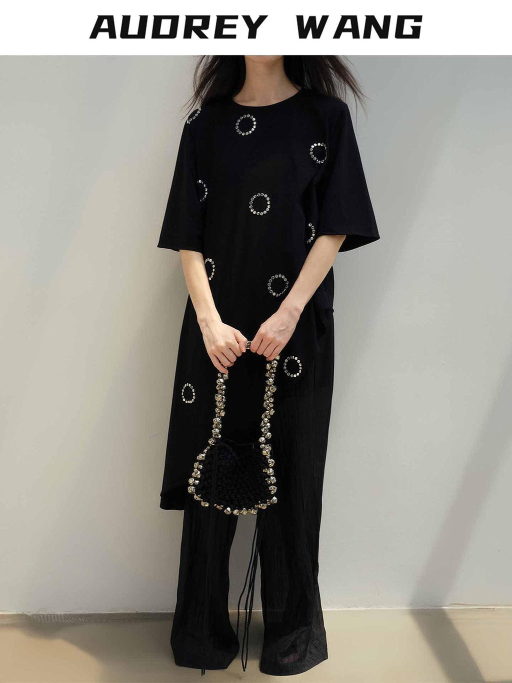 audreyyang Rhinestone Asymmetric Loose Fit Women Cotton Crew Black Short Sleeve T-Shirts