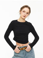ikyou Slim Drawstring Long Sleeve Combed Cotton Crewneck Black White Basic Crop Tops