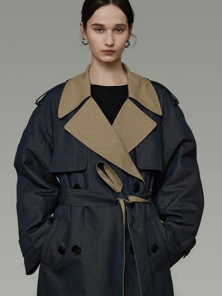 unspoken Navy Cotton Denim Double Breasted Loose Fit Commuter Women Trench Coats