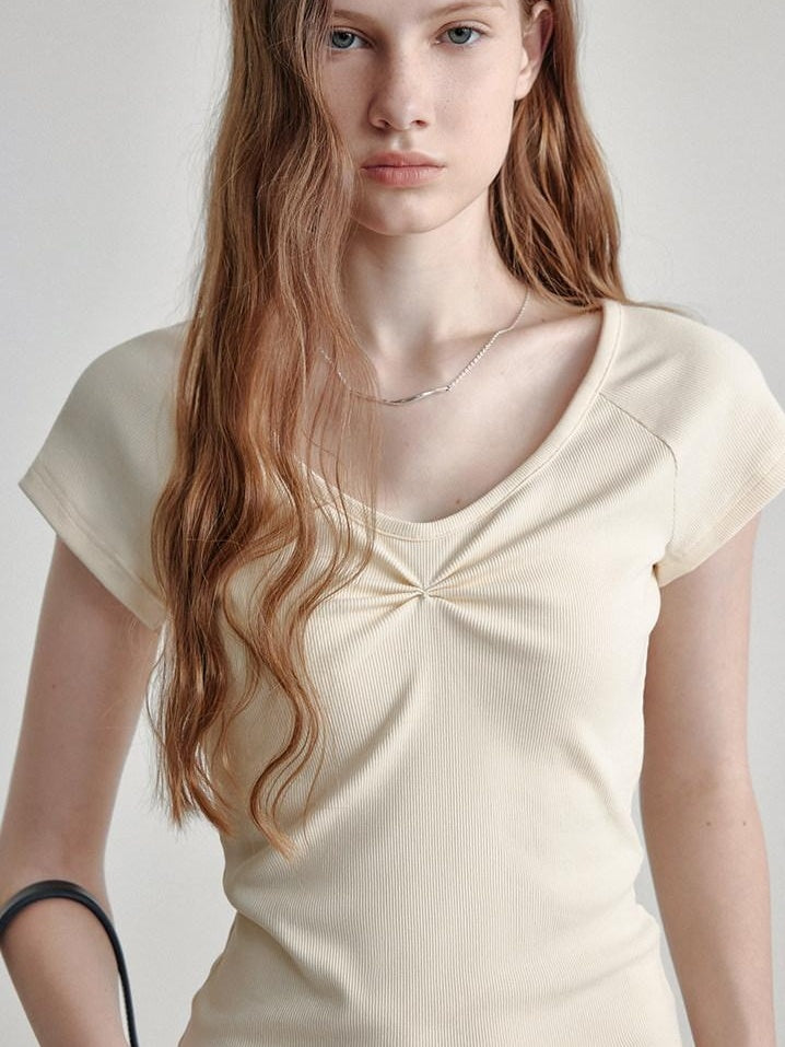 fano V-neck Drawstring Cotton Blend Minimal Straight Women Short Sleeve T-Shirts