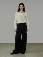 unspoken Soft Knit 3D Embellishment Loose Round Neck Long Sleeve Women White Blouses