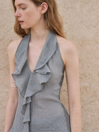someonesometimes Original Design Wave Fringe Slim Fit Men Mist Blue Rayon Halter Crop Tops