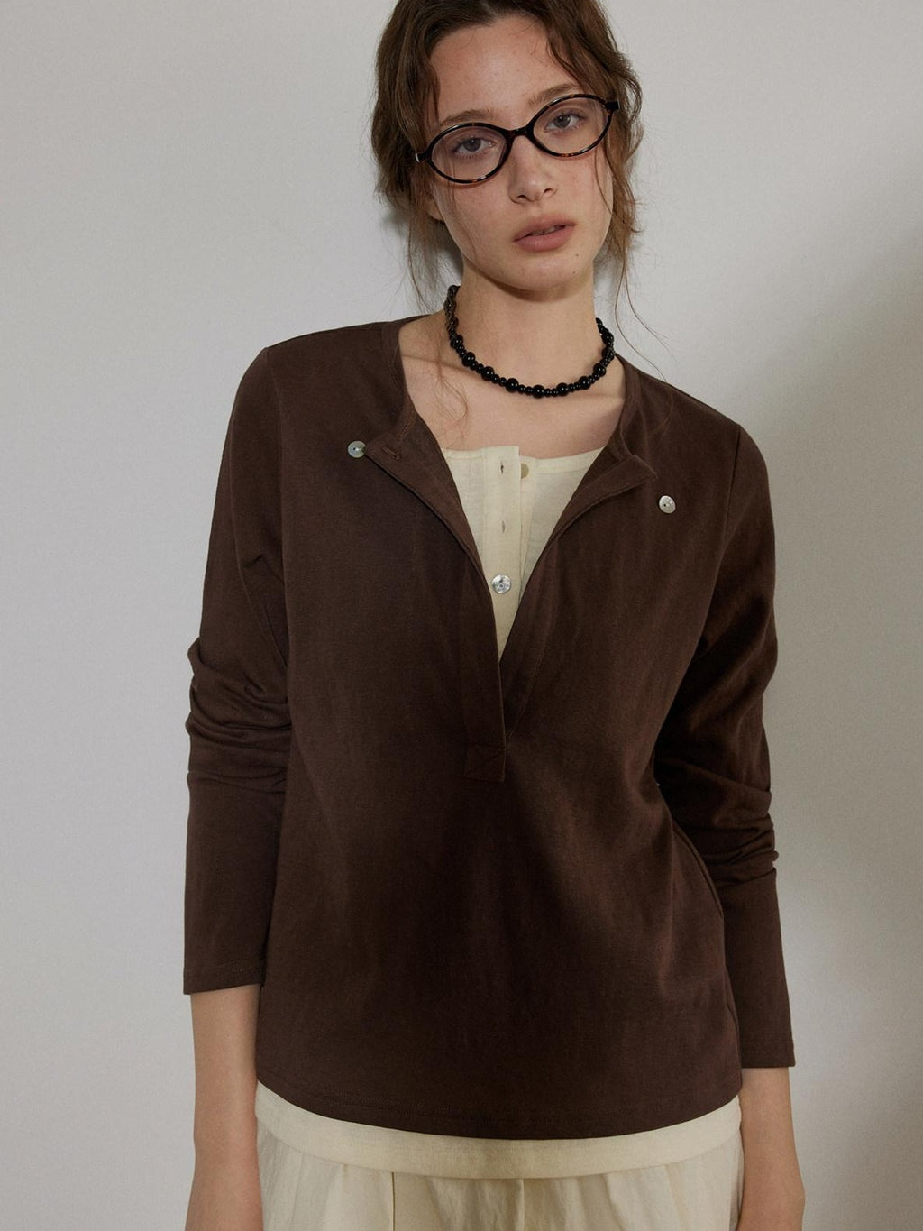Lofi choose Cotton Blend Button Collar Loose Commuter Womens Purple Long Sleeve T-Shirts