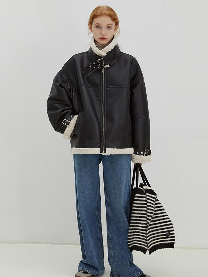 fano Thick Loose Fit Commuter Viscose Zipper Women Black Leather Jackets