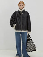 fano Thick Loose Fit Commuter Viscose Zipper Women Black Leather Jackets