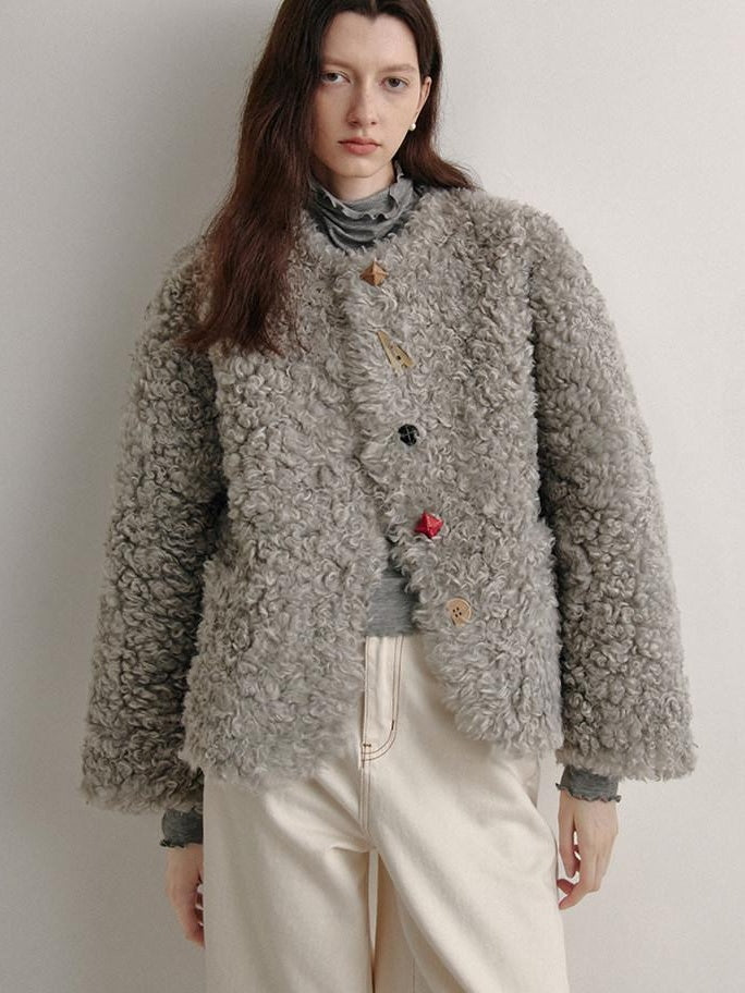fano Faux Fur Straight Cut Minimal Workwear Women Gray Khaki Short Coat