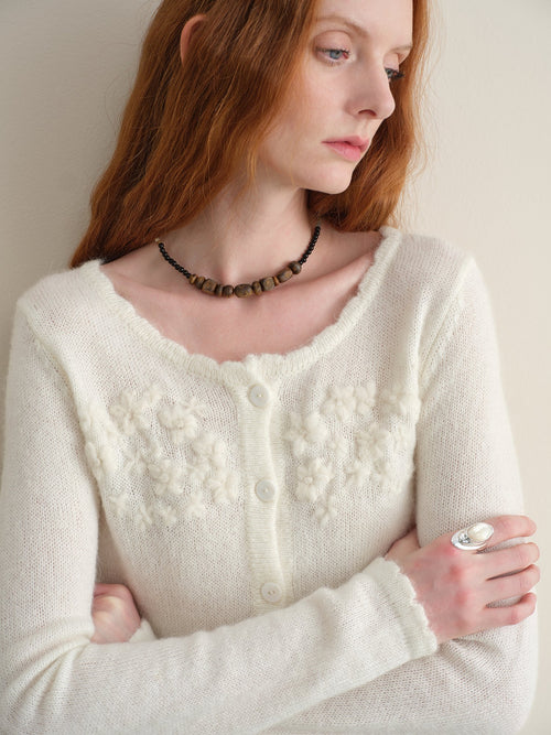 someonesometimes Hand Crochet Wool Floral Scallop Edge Casual Crewneck Button Women Cardigans
