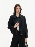 ikyou Glossy Slim Fit Androgynous Pu Black Short Lapel Zipper Daily Leather Jackets