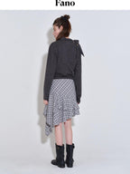 fano Plaid Asymmetric Hem Mid Waist Loose Casual Women Polyester Blend Midi Skirts