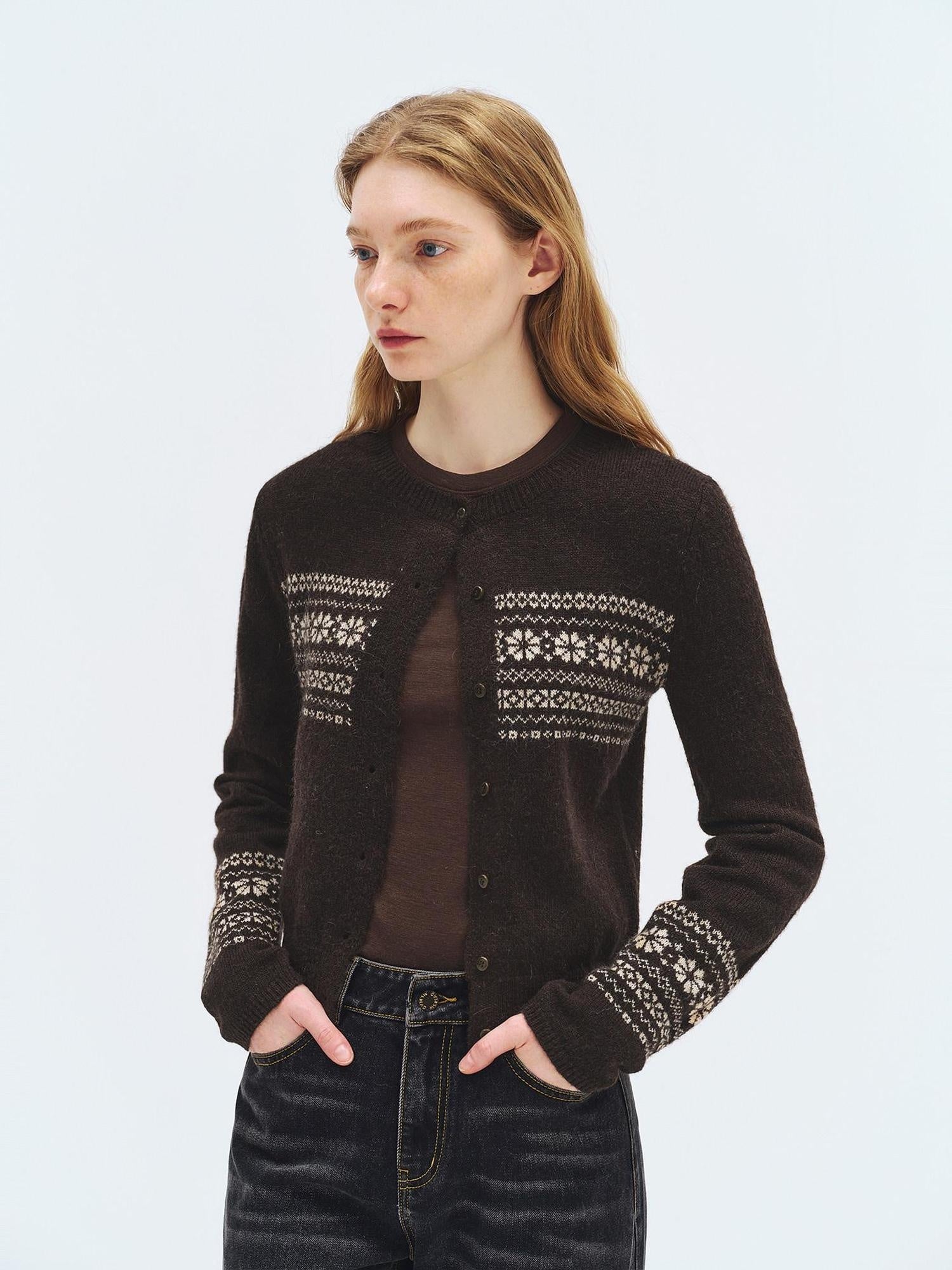 someonesometimes Cozy Wool Alpaca Blend Casual Geometric Button Round Neck Women Cardigans