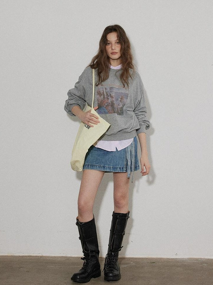 Lofi choose Vintage Print Loose Fit Drop Shoulder Crew Neck Women Pullover Sweatshirt
