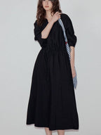 fano Flattering Tied Waist Workwear A Line V-neck Women Viscose Nylon Black Maxi Dresses