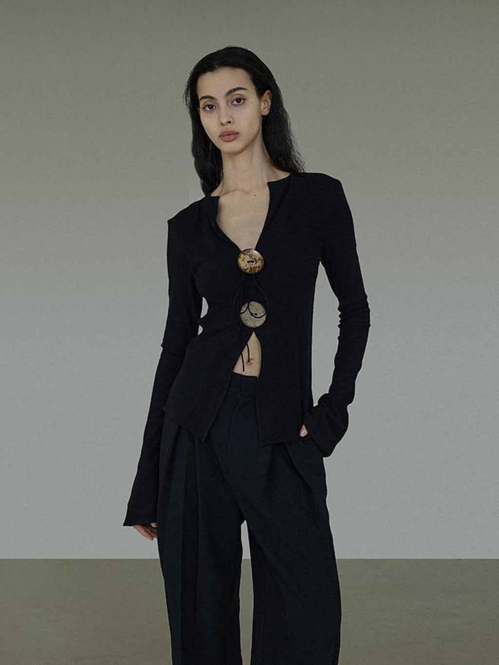 unspoken Side Slit Slim Fit Casual V-neck Button Long Sleeve Black Women Knit Cardigans