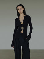 unspoken Side Slit Slim Fit Casual V-neck Button Long Sleeve Black Women Knit Cardigans