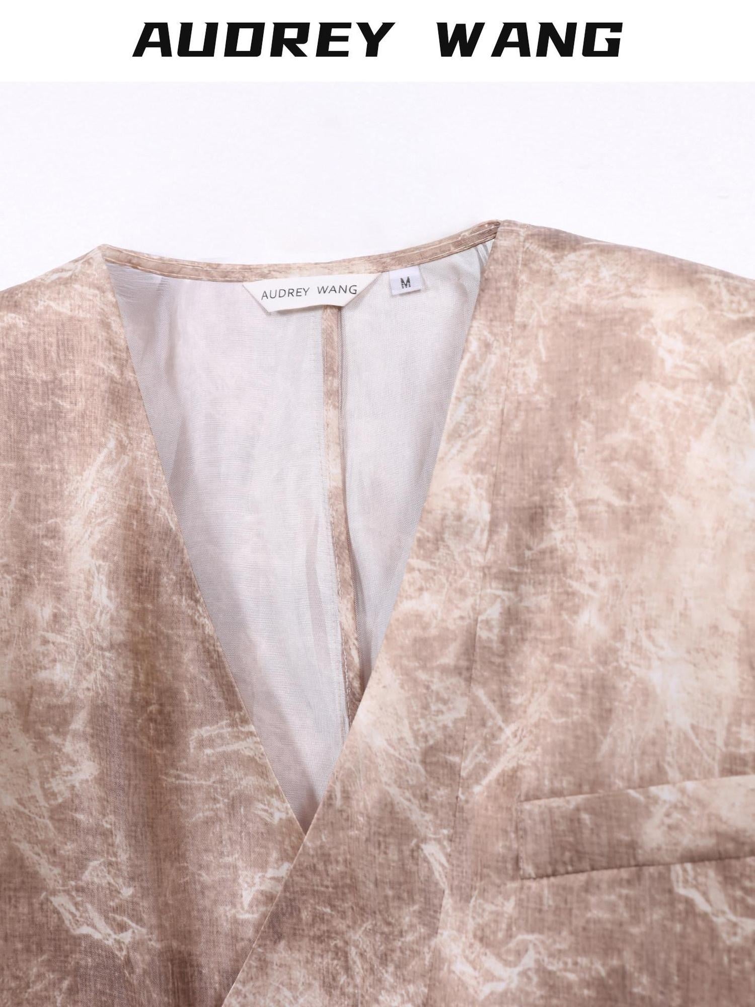audreyyang Wrinkle Resistant Milk Tea Print Collarless Short Sleeve Loose Fit Blazers