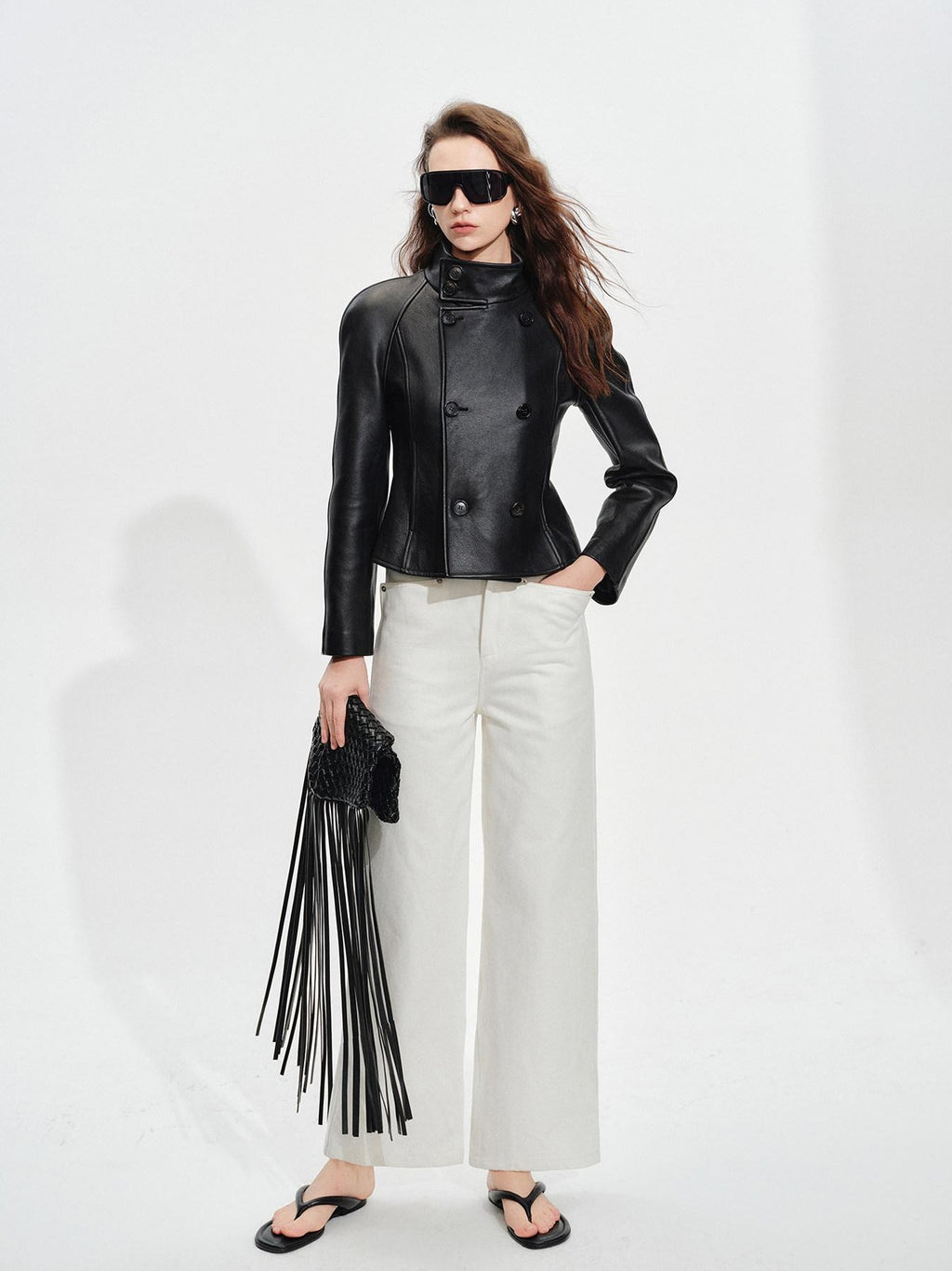 audreyyang Lambskin Vintage Loose Women Double Breasted Black Leather Jackets