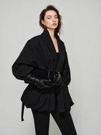 audreyyang Tie Front Vintage Oversized Batwing Sleeve Women Polyester Cropped Jackets
