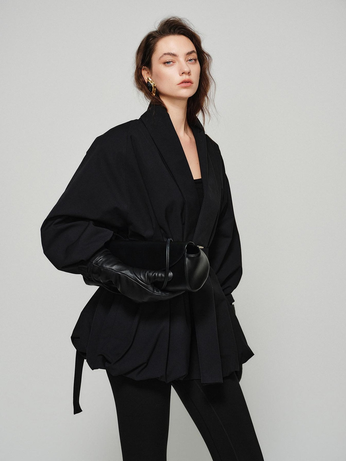 audreyyang Tie Front Vintage Oversized Batwing Sleeve Women Polyester Cropped Jackets