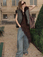 audreyyang Warm Reversible Faux Fur Stand Collar Sleeveless Relaxed Olive Short Coat