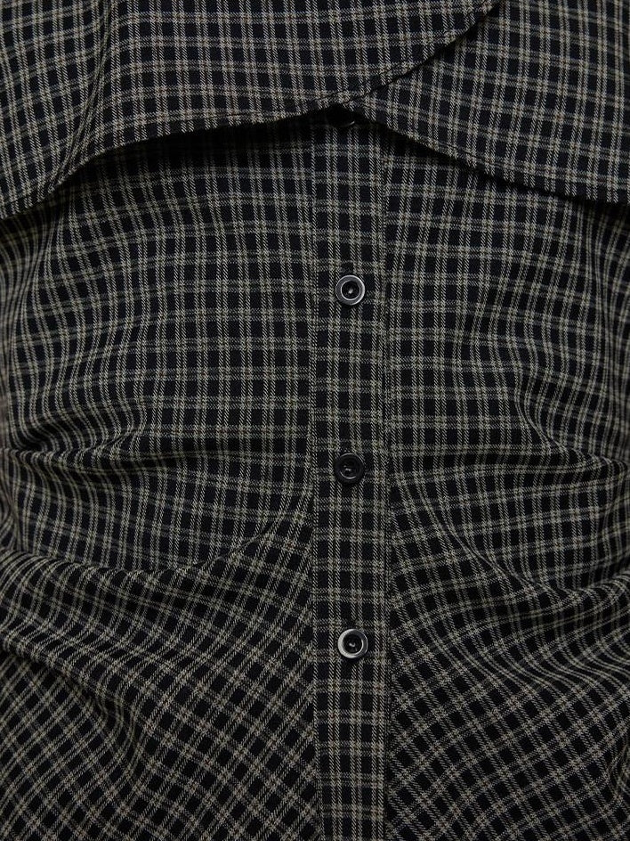 unspoken Breathable Minimal Loose Ruffle Boatneck Women Plaid Button Short Sleeve Blouses