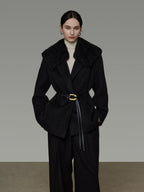 unspoken Fur Collar Thick Mid Length Loose Fit Minimalist Commuter Black Wool Long Coats