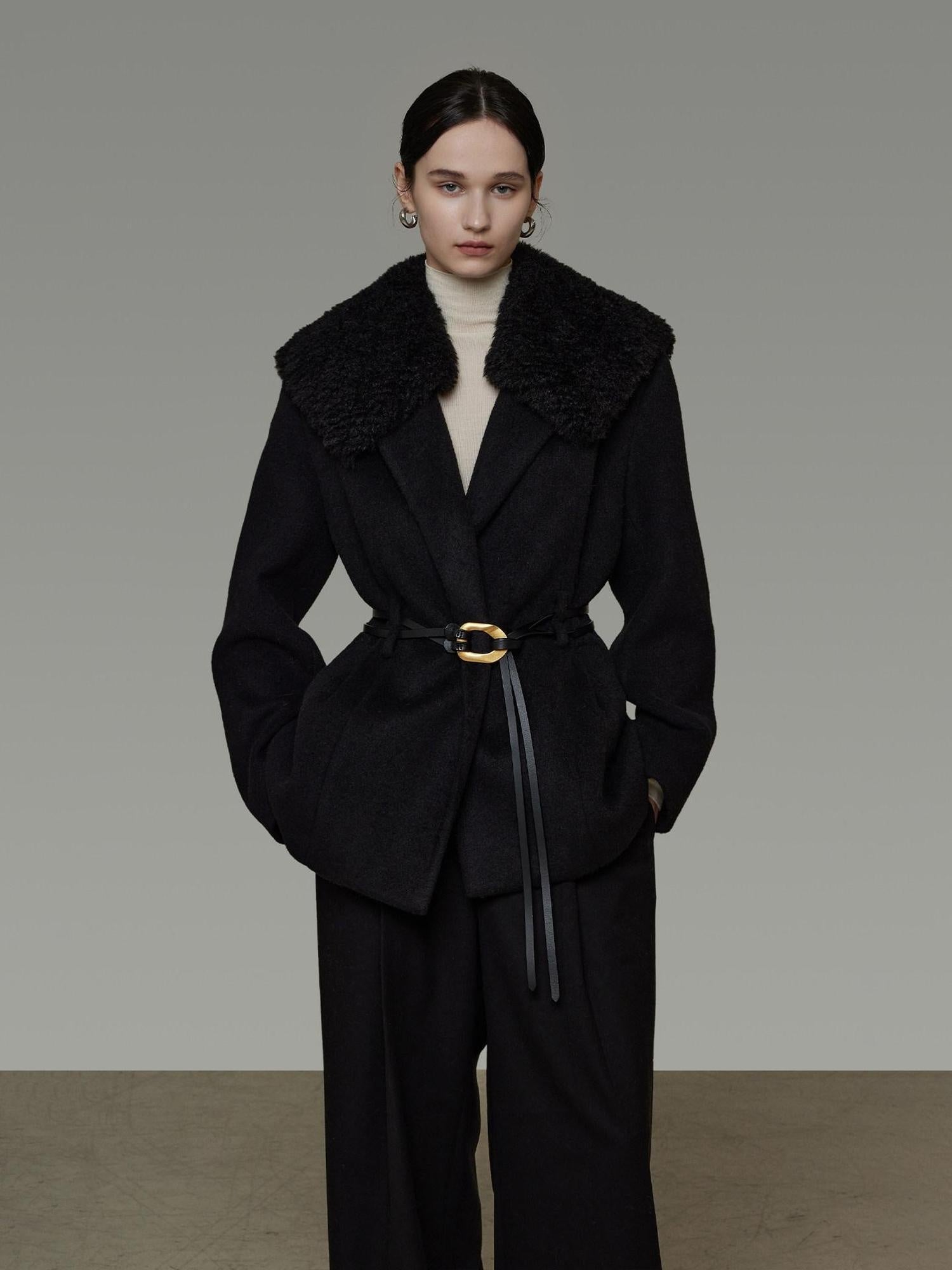 unspoken Fur Collar Thick Mid Length Loose Fit Minimalist Commuter Black Wool Long Coats