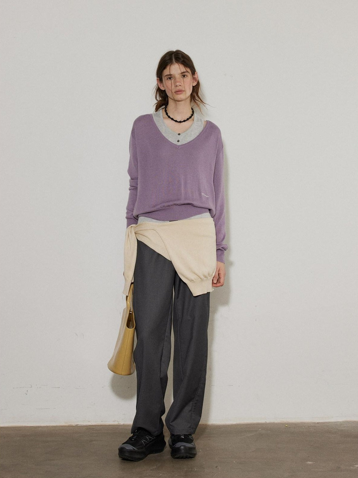 Lofi choose Silk Blend V-neck Oversized Pullover Simple Women Solid Knit Sweaters
