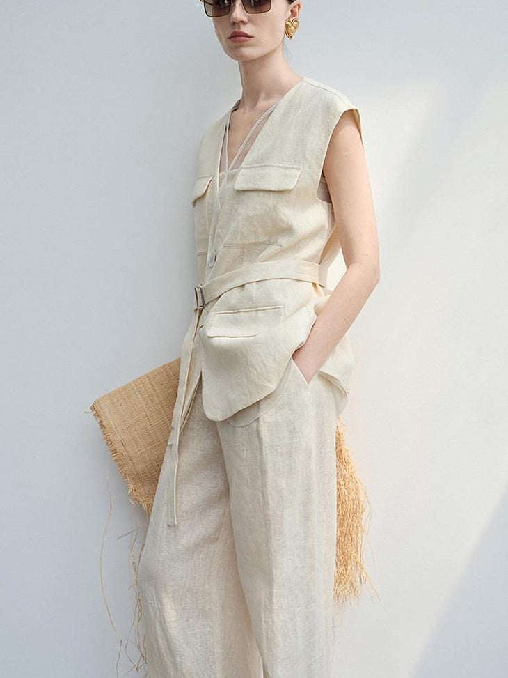 audreyyang Light Cream Linen V-neck Button Vest With Long Pants Women Top & Pants Sets