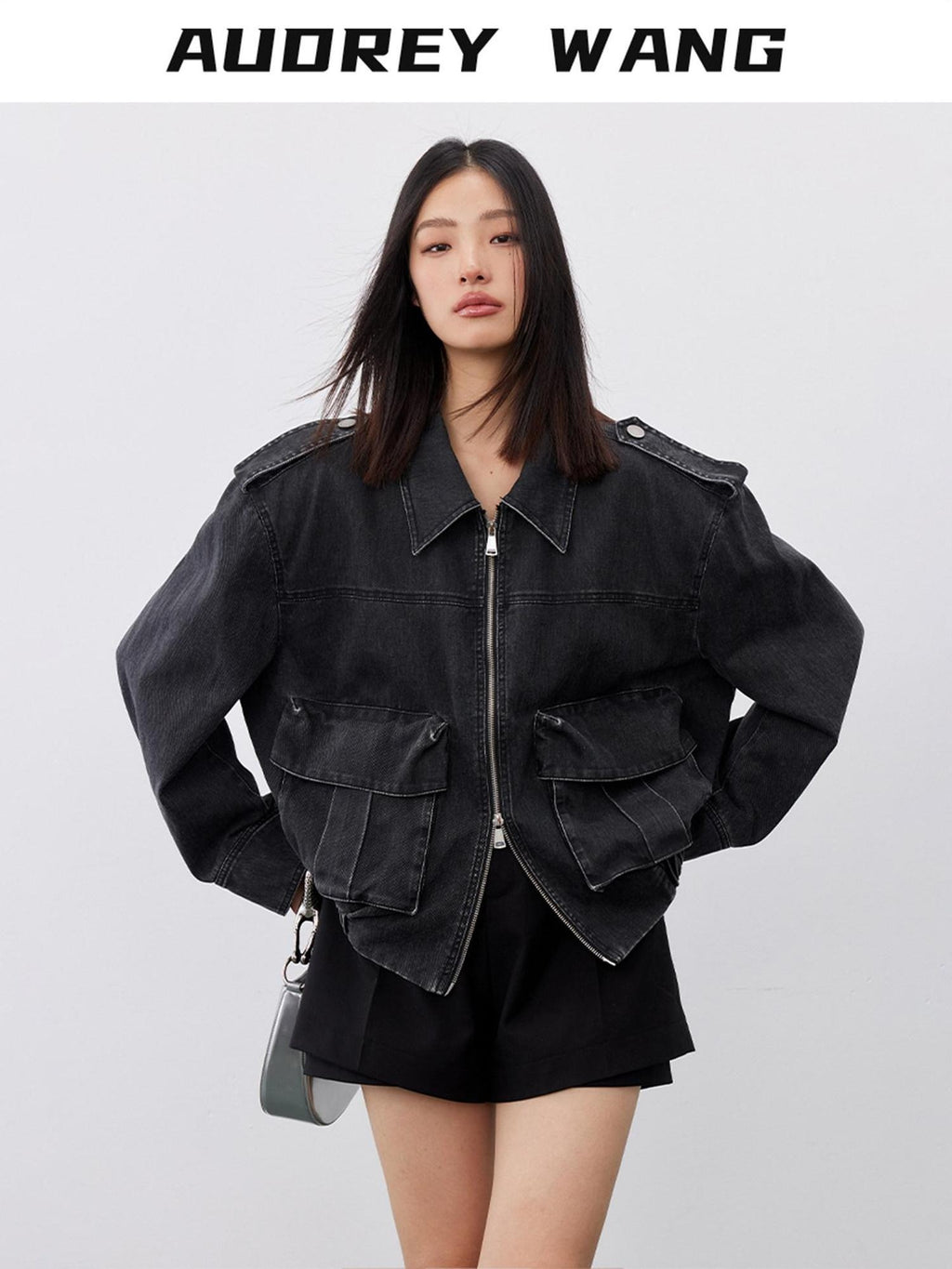 audreyyang Cotton Loose Commuter Lapel Zipper Long Sleeve Women Ash Gray Cropped Jackets