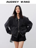 audreyyang Cotton Loose Commuter Lapel Zipper Long Sleeve Women Ash Gray Cropped Jackets