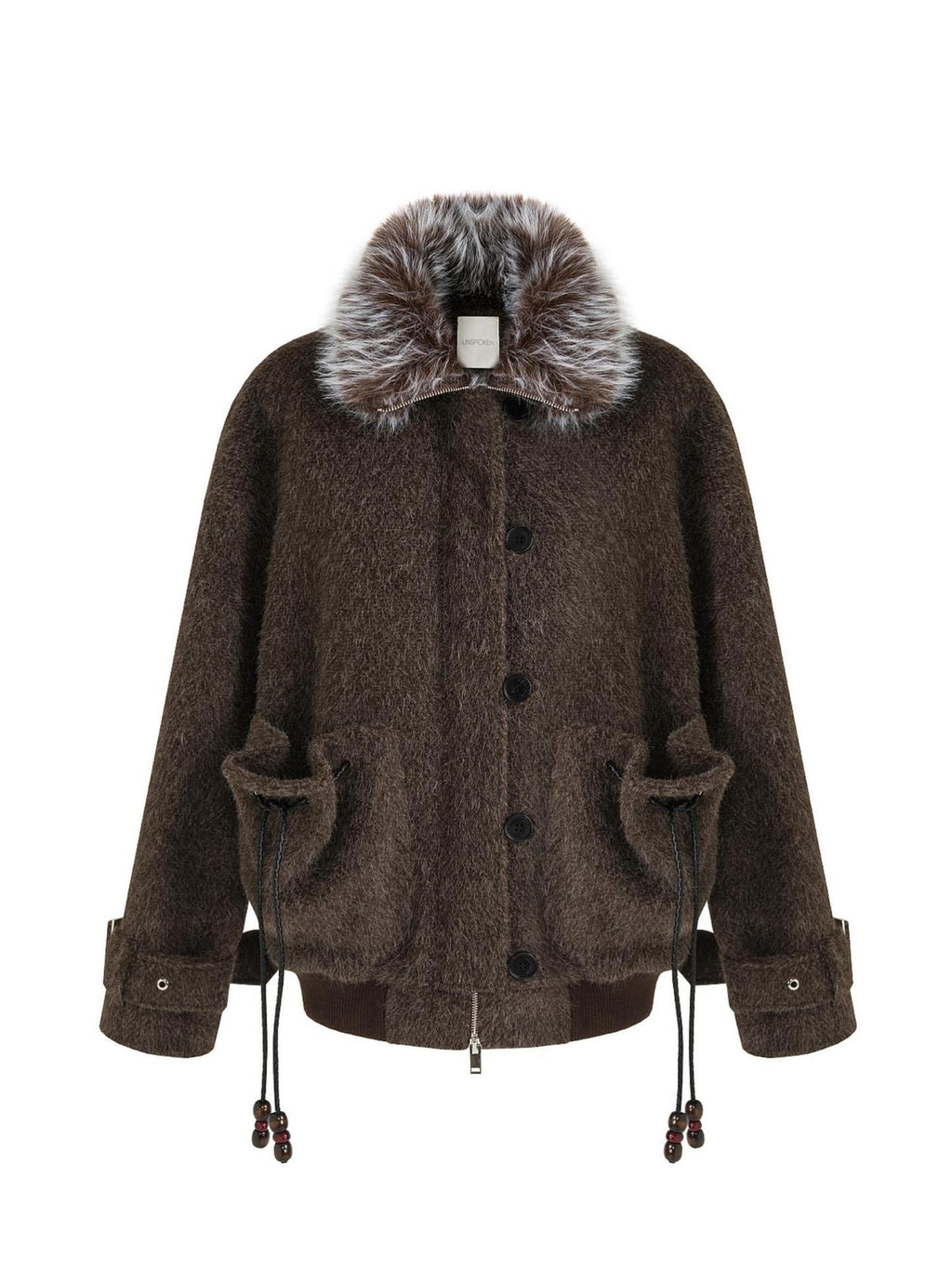 unspoken Faux Fur Collar Loose Fit Structured Tailored High Waist Women Brown Short Coat