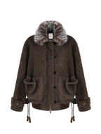 unspoken Faux Fur Collar Loose Fit Structured Tailored High Waist Women Brown Short Coat