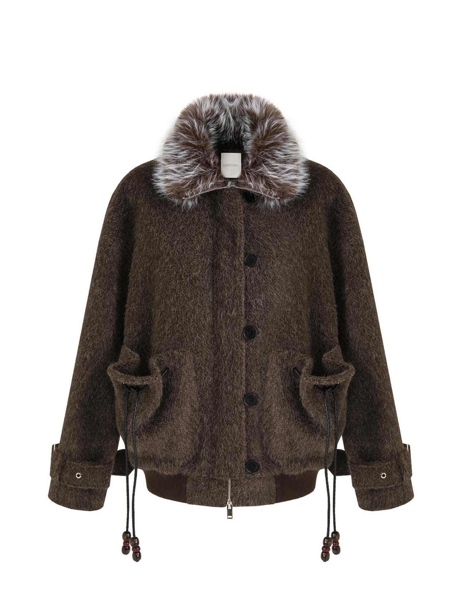 unspoken Faux Fur Collar Loose Fit Structured Tailored High Waist Women Brown Short Coat
