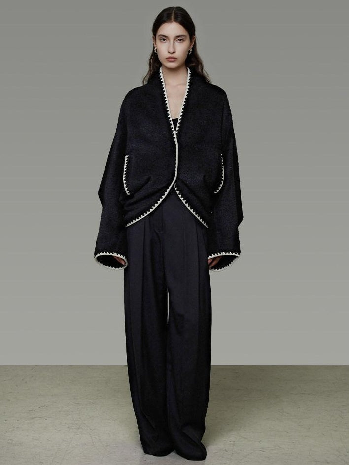 unspoken Minimalist Commuter Tailored Oversized V-neck Short Black Women Wool Coats