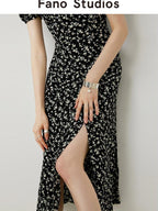 fano Viscose Square Neck Puff Sleeve A Line Casual Black Floral Maxi Dresses