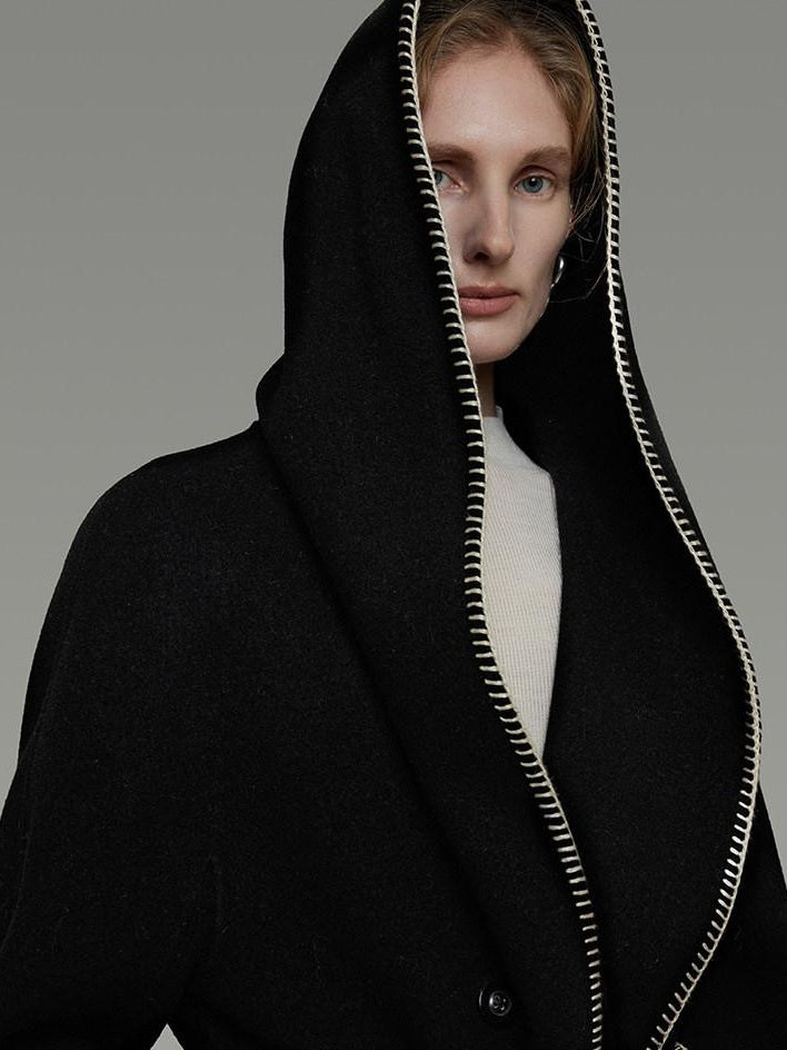 unspoken Cozy Minimalist Commuter Loose Hooded Midlength Women Black Tie Wool Coats