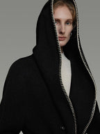 unspoken Cozy Minimalist Commuter Loose Hooded Midlength Women Black Tie Wool Coats