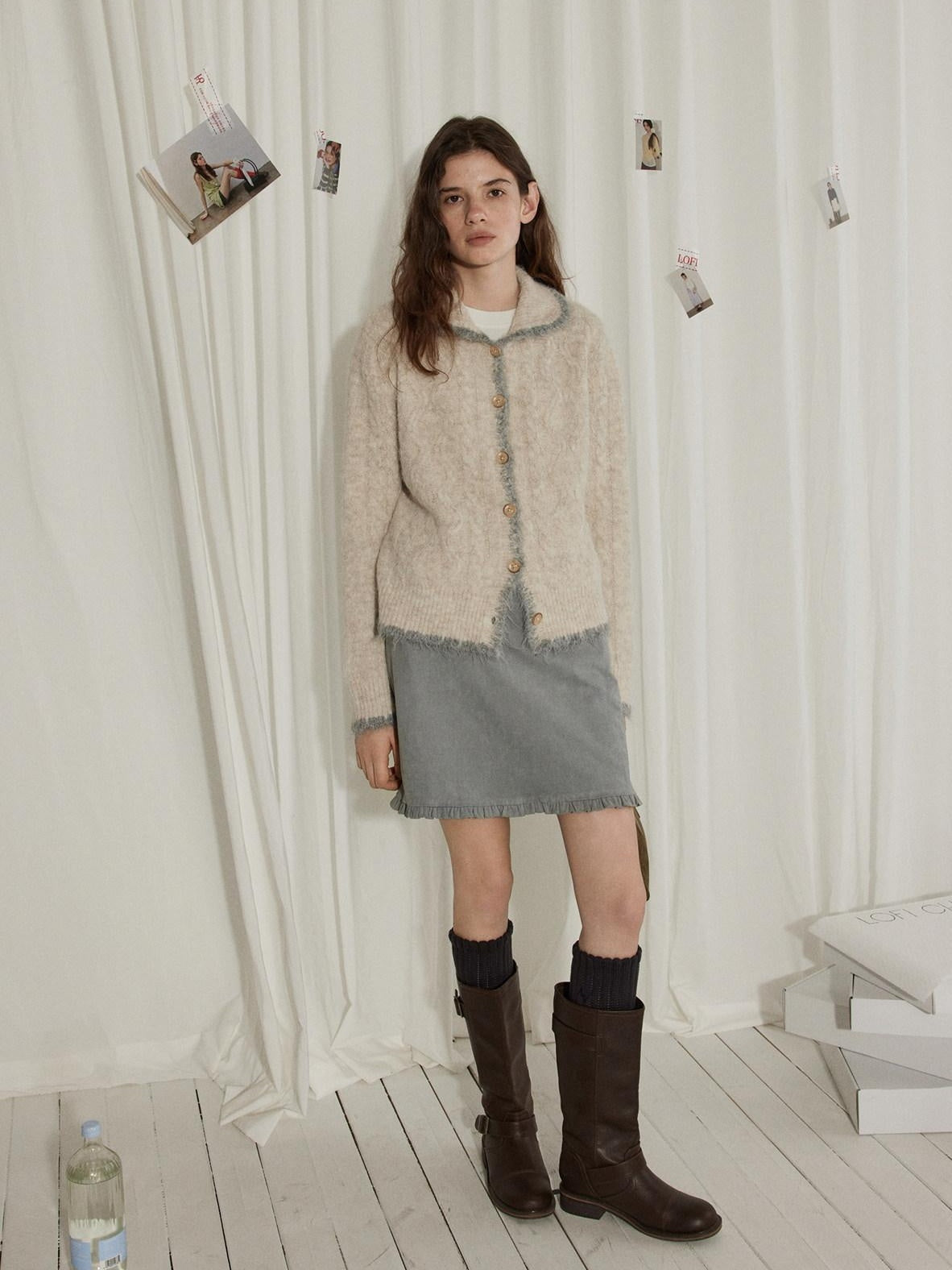 Lofi choose Wool Blend Contrast Trim Relaxed Lapel Button Women Oatmeal Knit Cardigans