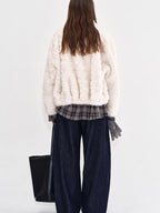 fano Warm Vintage Loose Lapel Zipper Long Sleeve Casual Young Women Ivory Short Coat