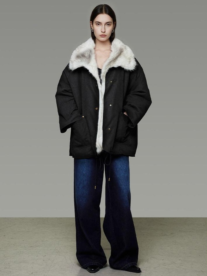 unspoken Fur Lined Thick Minimal Commuter Loose 3D Tailored Cotton Navy Puffer Jackets