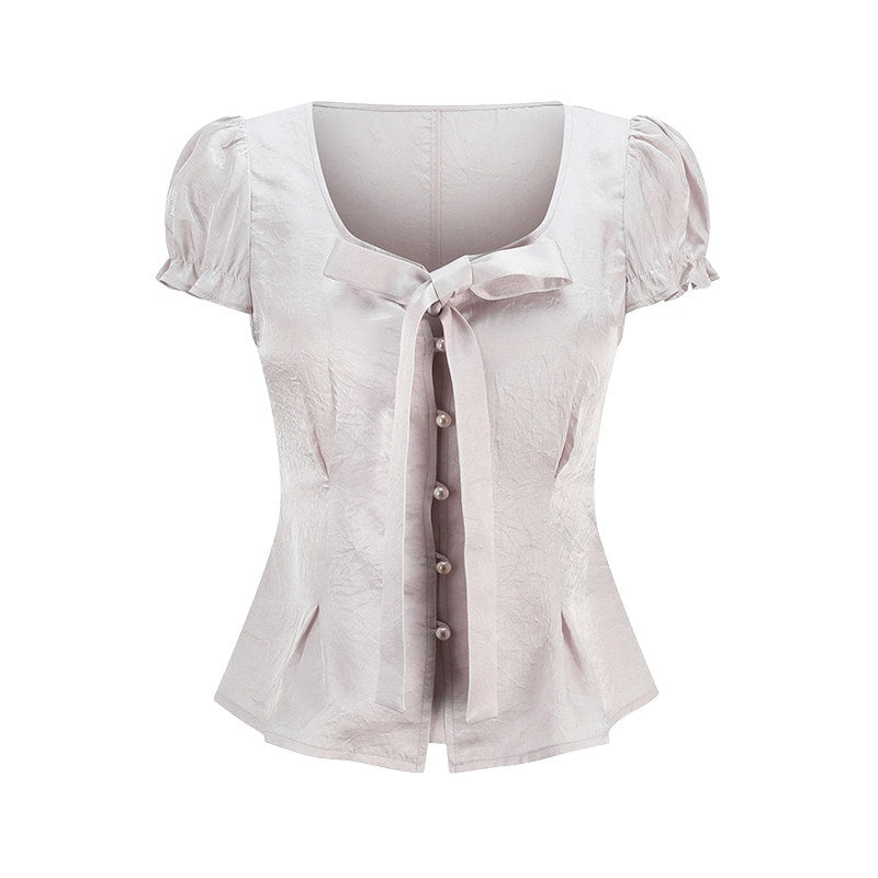 someone_sometimes_Tie_Front_V-neck_Puff_Sleeve_Slim_Casual_Love_Print_Acetate_Women_Blouses_MISSTT